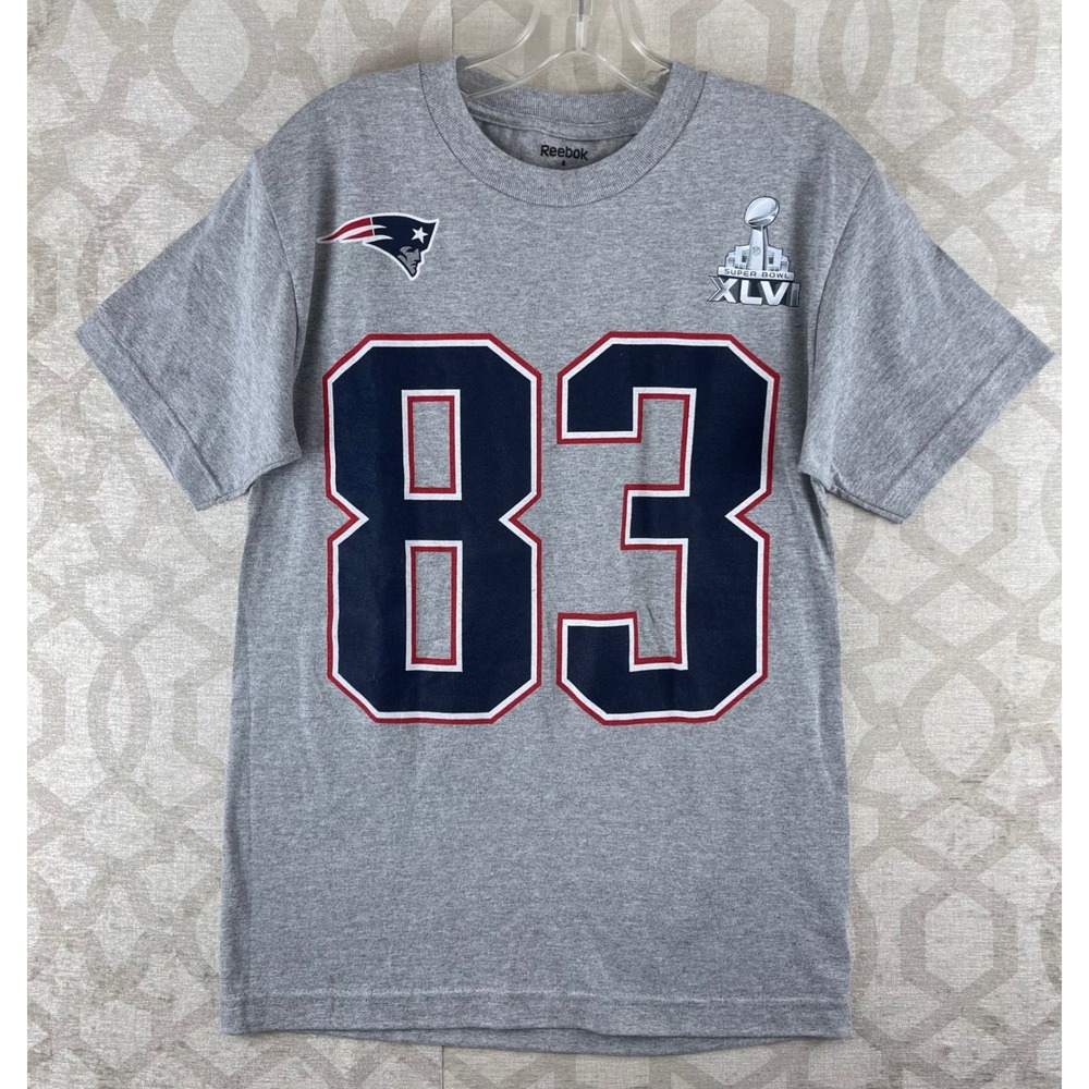 Reebok Wes Welker Patriots Mens Small Gray Super Bowl‎ XLVI Graphic T-Shirt